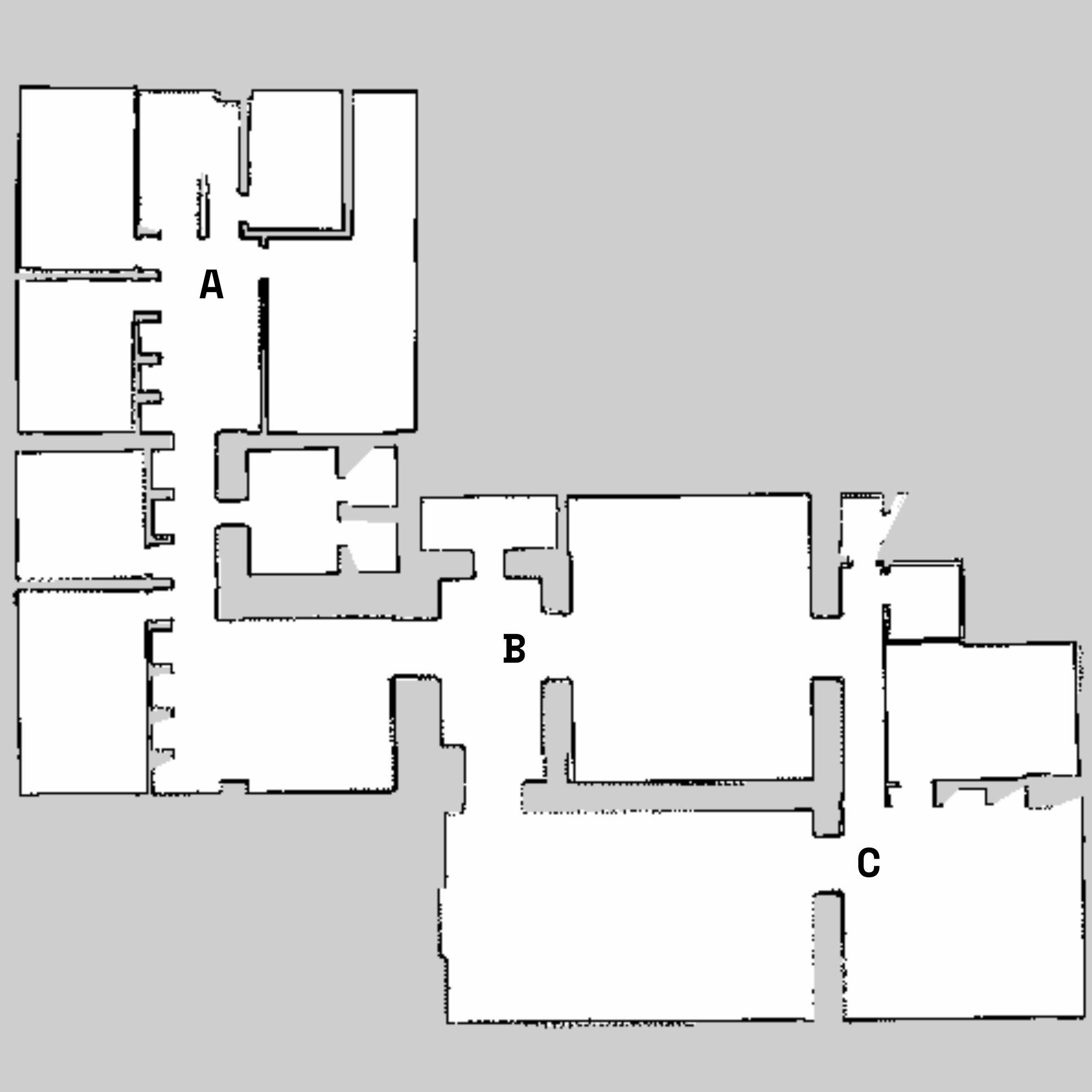 Robot positions (A, B, C) on full environment map